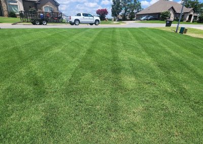 1333x616.jpeg.0a81ee0248254d2b847b3d6b754231e4 Lush, well-maintained lawn with striped grass patterns, showcasing professional lawn care services by APEX Lawn Care, featuring a service vehicle and residential homes in the background.