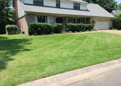 A neatly trimmed lawn in front of a two-story brick house with a double garage on a sunny day. - Little Rock Lawn Care and Mowing Services by Apex Lawn Care Well-maintained lawn in front of a residential home, showcasing APEX Lawn Care's professional landscaping services in Little Rock, Arkansas.
