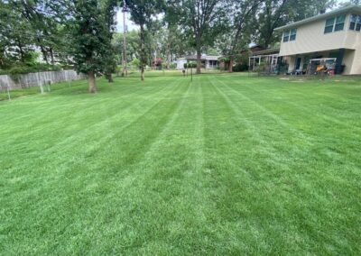 A well-manicured lawn with mowing patterns in front of a Maumelle house with trees. - Little Rock Lawn Care and Mowing Services by Apex Lawn Care Lush green lawn with neatly striped grass, showcasing professional lawn care services by APEX Lawn Care in Little Rock, Arkansas.