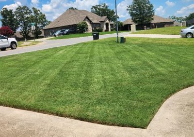 large-12 Lush, well-manicured lawn showcasing professional lawn care services by APEX Lawn Care in Central Arkansas, with residential homes in the background.
