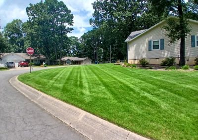 large-15 Lush, well-manicured lawn in Central Arkansas, showcasing professional lawn care by APEX Lawn Care, with a stop sign and residential homes in the background.