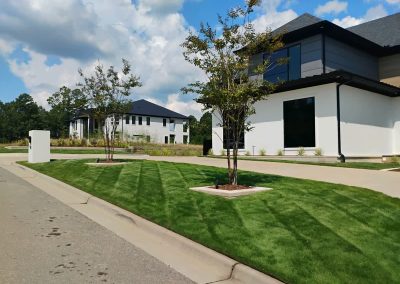 large-4 Lush green lawn with neatly striped grass, bordered by trees and modern homes, showcasing professional lawn care services by APEX Lawn Care in Central Arkansas.